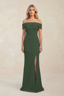 Sheath Off - the - Shoulder Satin Bridesmaid Dress With Slit in Moss - KissProm Bridesmaid Dresses