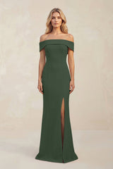 Sheath Off - the - Shoulder Satin Bridesmaid Dress With Slit in Moss - KissProm Bridesmaid Dresses