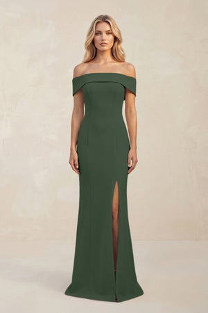Sheath Off - the - Shoulder Satin Bridesmaid Dress With Slit in Moss - KissProm Bridesmaid Dresses