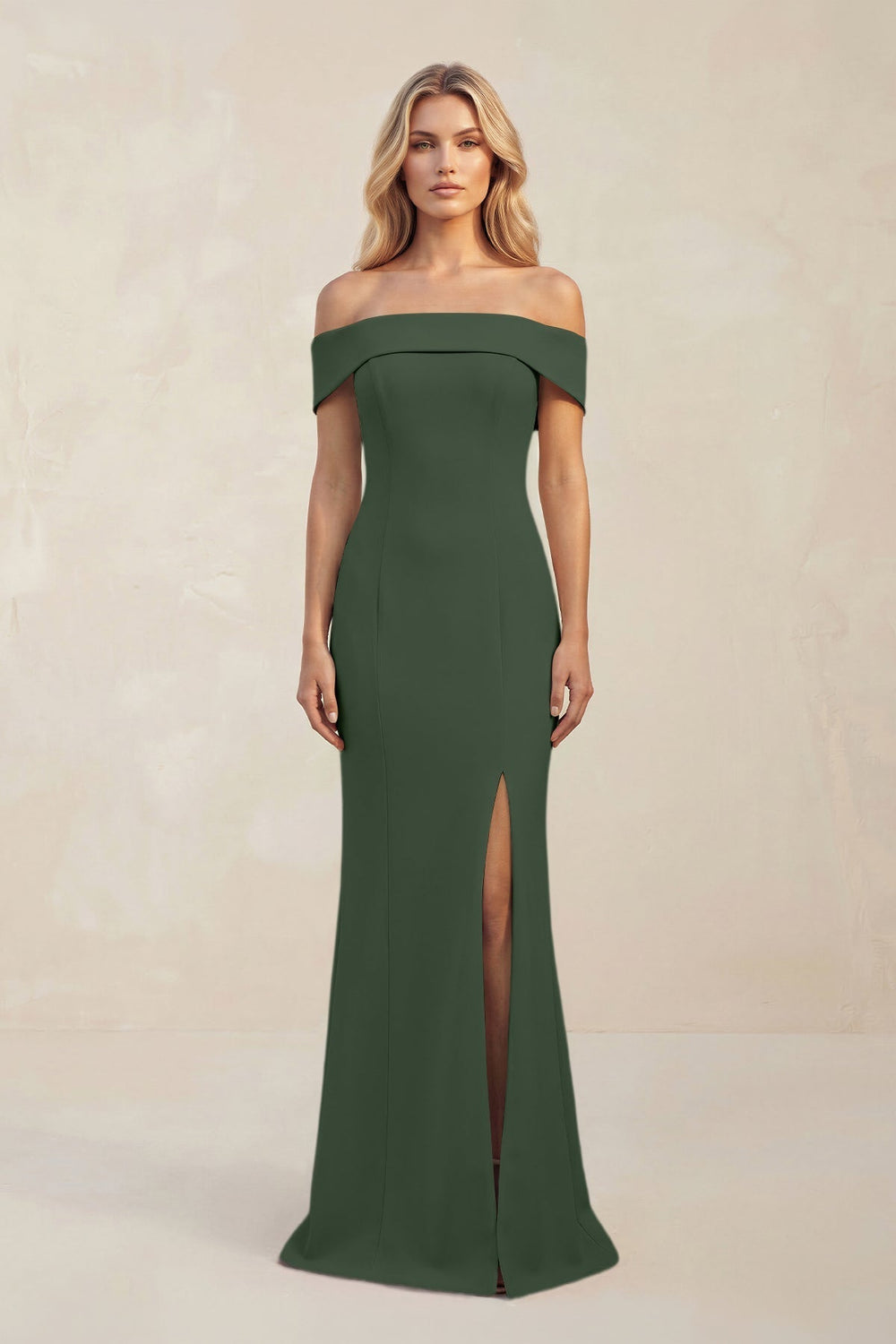 Sheath Off - the - Shoulder Satin Bridesmaid Dress With Slit in Moss - KissProm Bridesmaid Dresses