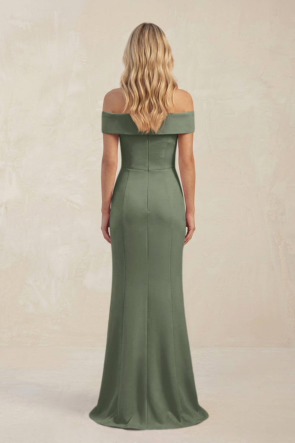 Sheath Off - the - Shoulder Satin Bridesmaid Dress With Slit in Moss Green - KissProm Bridesmaid Dresses