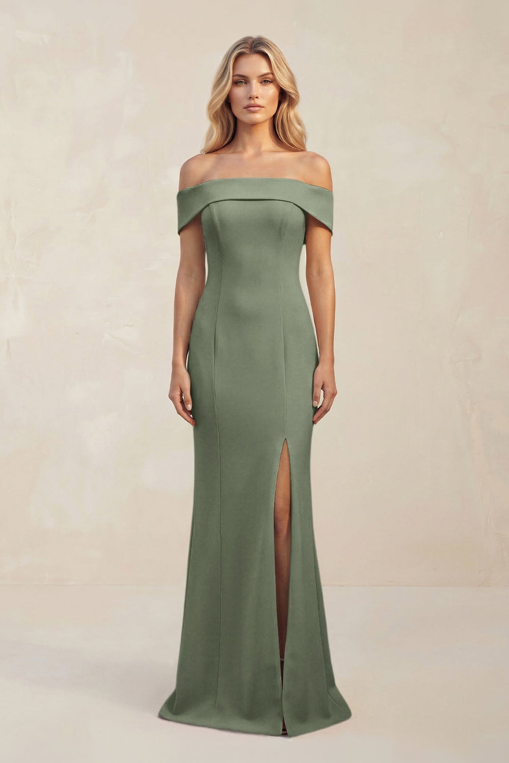 Sheath Off - the - Shoulder Satin Bridesmaid Dress With Slit in Moss Green - KissProm Bridesmaid Dresses