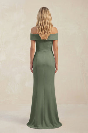 Sheath Off - the - Shoulder Satin Bridesmaid Dress With Slit in Moss Green - KissProm Bridesmaid Dresses