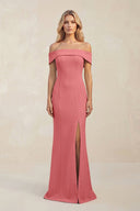 Sheath Off - the - Shoulder Satin Bridesmaid Dress With Slit in Mulberry - KissProm Bridesmaid Dresses