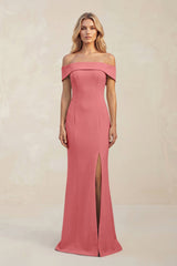 Sheath Off - the - Shoulder Satin Bridesmaid Dress With Slit in Mulberry - KissProm Bridesmaid Dresses