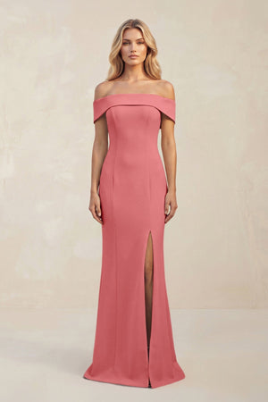 Sheath Off - the - Shoulder Satin Bridesmaid Dress With Slit in Mulberry - KissProm Bridesmaid Dresses
