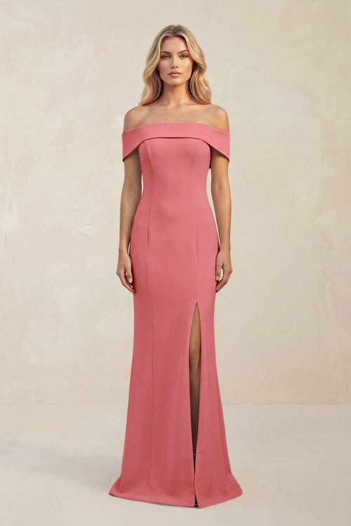 Sheath Off - the - Shoulder Satin Bridesmaid Dress With Slit in Mulberry - KissProm Bridesmaid Dresses