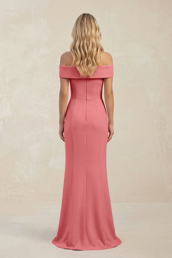 Sheath Off - the - Shoulder Satin Bridesmaid Dress With Slit in Mulberry - KissProm Bridesmaid Dresses