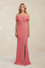 Sheath Off - the - Shoulder Satin Bridesmaid Dress With Slit in Mulberry - KissProm Bridesmaid Dresses