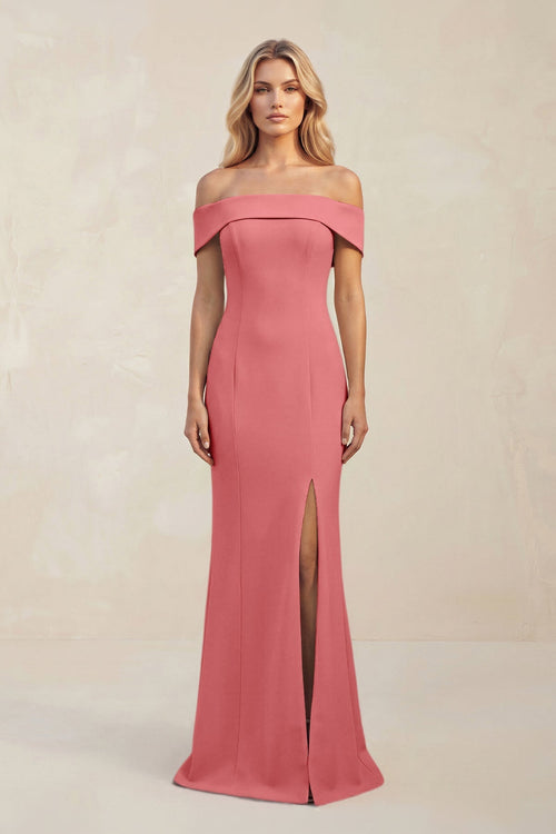 Sheath Off - the - Shoulder Satin Bridesmaid Dress With Slit in Mulberry - KissProm Bridesmaid Dresses