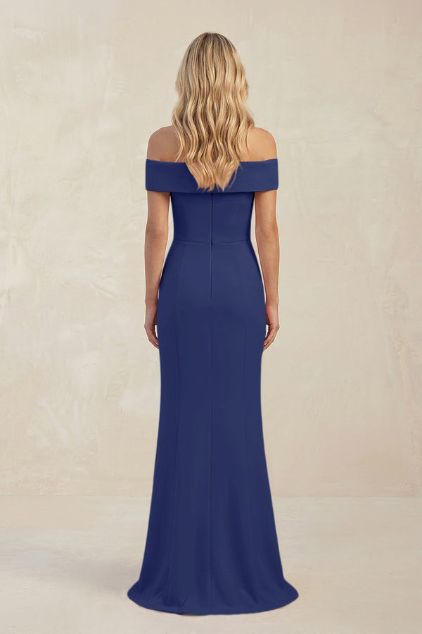 Sheath Off - the - Shoulder Satin Bridesmaid Dress With Slit in Navy - KissProm Bridesmaid Dresses
