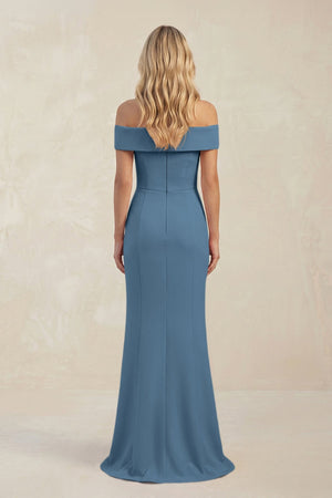 Sheath Off - the - Shoulder Satin Bridesmaid Dress With Slit in Neptune - KissProm Bridesmaid Dresses