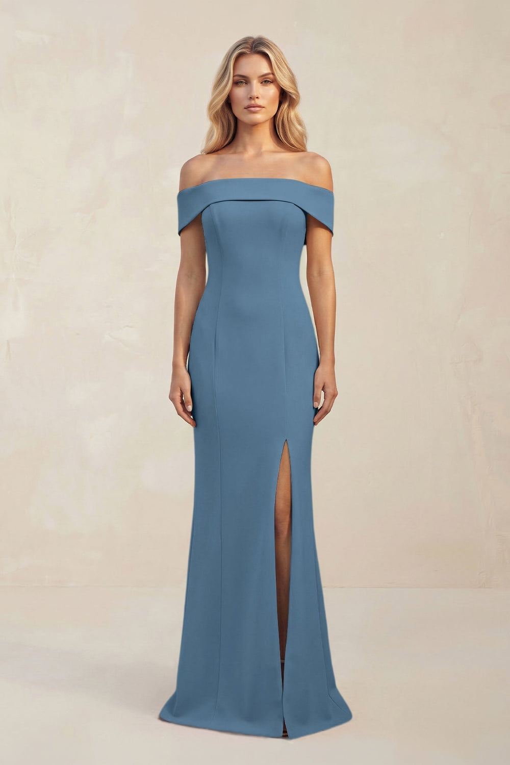 Sheath Off - the - Shoulder Satin Bridesmaid Dress With Slit in Neptune - KissProm Bridesmaid Dresses