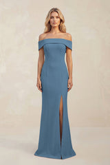 Sheath Off - the - Shoulder Satin Bridesmaid Dress With Slit in Neptune - KissProm Bridesmaid Dresses