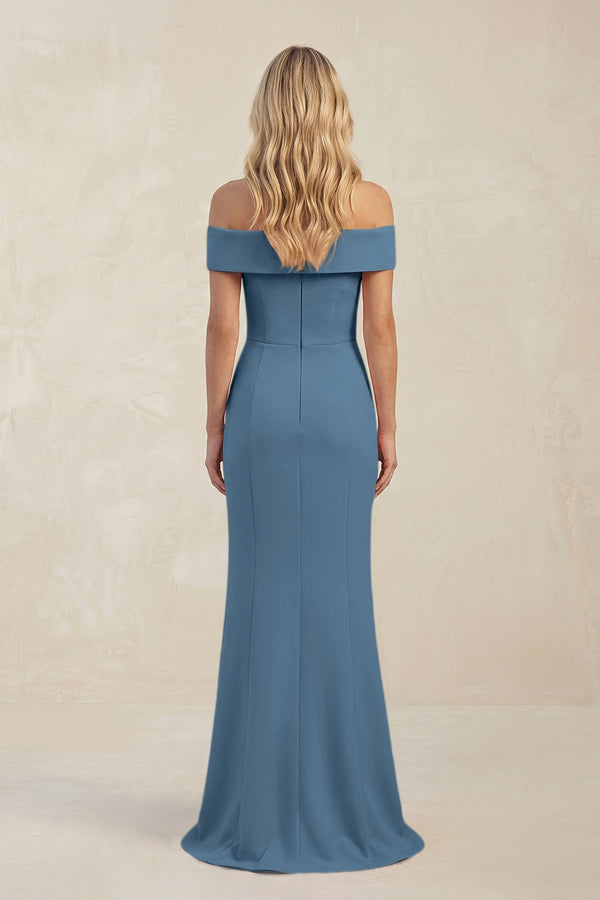Sheath Off - the - Shoulder Satin Bridesmaid Dress With Slit in Neptune - KissProm Bridesmaid Dresses