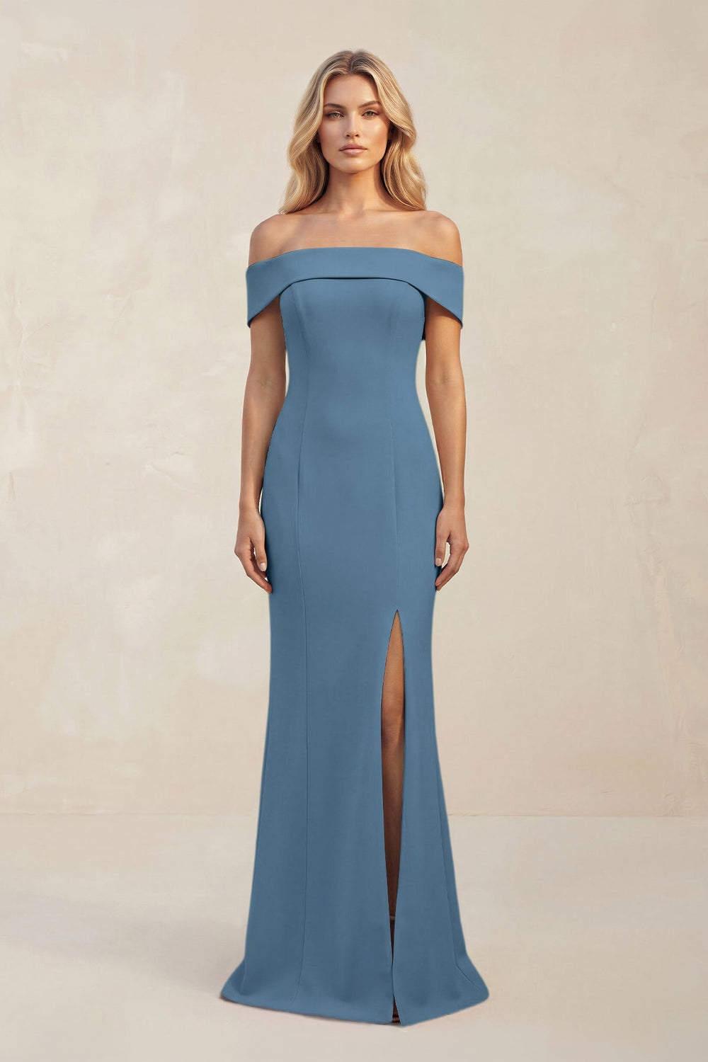 Sheath Off - the - Shoulder Satin Bridesmaid Dress With Slit in Neptune - KissProm Bridesmaid Dresses
