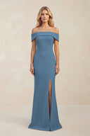 Sheath Off - the - Shoulder Satin Bridesmaid Dress With Slit in Neptune - KissProm Bridesmaid Dresses