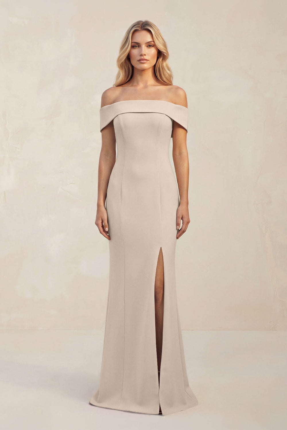 Sheath Off - the - Shoulder Satin Bridesmaid Dress With Slit in Neutral Champagne - KissProm Bridesmaid Dresses