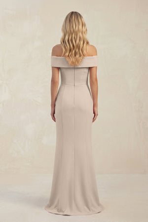 Sheath Off - the - Shoulder Satin Bridesmaid Dress With Slit in Neutral Champagne - KissProm Bridesmaid Dresses