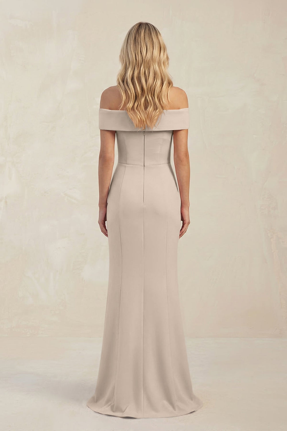 Sheath Off - the - Shoulder Satin Bridesmaid Dress With Slit in Neutral Champagne - KissProm Bridesmaid Dresses