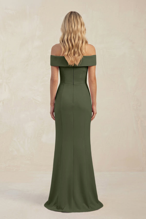 Sheath Off - the - Shoulder Satin Bridesmaid Dress With Slit in Olive - KissProm Bridesmaid Dresses