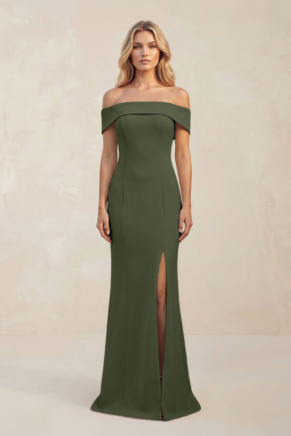 Sheath Off - the - Shoulder Satin Bridesmaid Dress With Slit in Olive - KissProm Bridesmaid Dresses