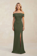 Sheath Off - the - Shoulder Satin Bridesmaid Dress With Slit in Olive - KissProm Bridesmaid Dresses