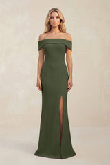 Sheath Off - the - Shoulder Satin Bridesmaid Dress With Slit in Olive - KissProm Bridesmaid Dresses