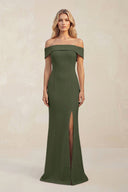 Sheath Off - the - Shoulder Satin Bridesmaid Dress With Slit in Olive - KissProm Bridesmaid Dresses