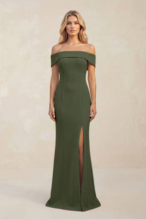 Sheath Off - the - Shoulder Satin Bridesmaid Dress With Slit in Olive - KissProm Bridesmaid Dresses