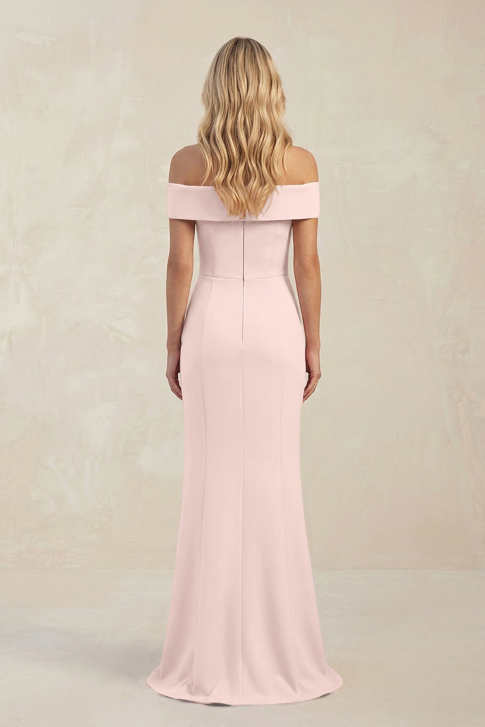 Sheath Off - the - Shoulder Satin Bridesmaid Dress With Slit in Pale Blush - KissProm Bridesmaid Dresses