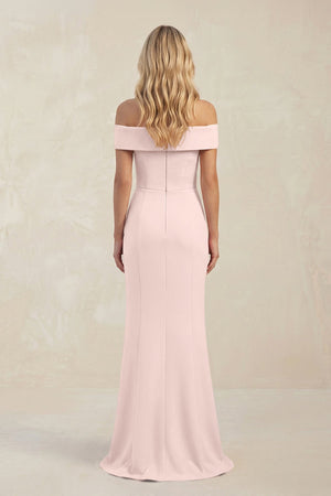 Sheath Off - the - Shoulder Satin Bridesmaid Dress With Slit in Pale Blush - KissProm Bridesmaid Dresses