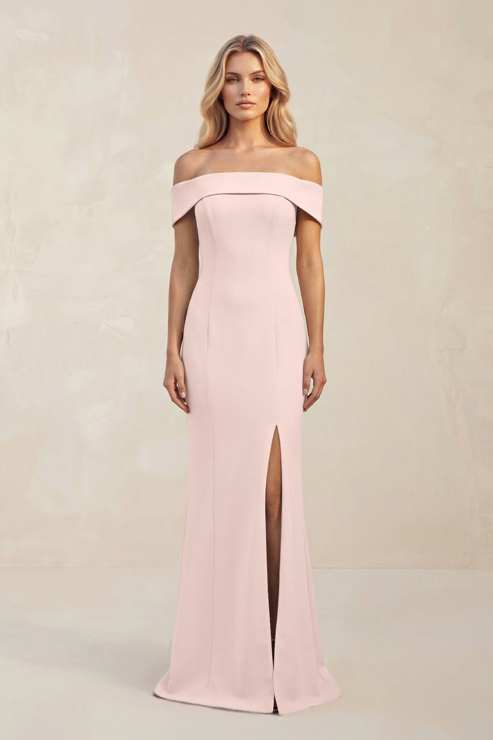 Sheath Off - the - Shoulder Satin Bridesmaid Dress With Slit in Pale Blush - KissProm Bridesmaid Dresses