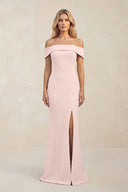 Sheath Off - the - Shoulder Satin Bridesmaid Dress With Slit in Pale Blush - KissProm Bridesmaid Dresses