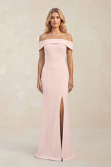 Sheath Off - the - Shoulder Satin Bridesmaid Dress With Slit in Pale Blush - KissProm Bridesmaid Dresses