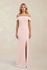 Sheath Off - the - Shoulder Satin Bridesmaid Dress With Slit in Pale Blush - KissProm Bridesmaid Dresses