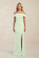 Sheath Off - the - Shoulder Satin Bridesmaid Dress With Slit in Pale Pistachio - KissProm Bridesmaid Dresses