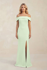 Sheath Off - the - Shoulder Satin Bridesmaid Dress With Slit in Pale Pistachio - KissProm Bridesmaid Dresses