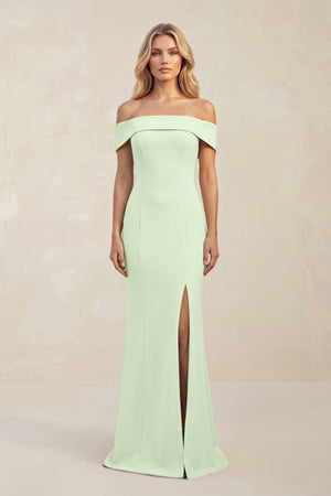 Sheath Off - the - Shoulder Satin Bridesmaid Dress With Slit in Pale Pistachio - KissProm Bridesmaid Dresses