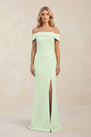 Sheath Off - the - Shoulder Satin Bridesmaid Dress With Slit in Pale Pistachio - KissProm Bridesmaid Dresses