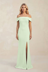 Sheath Off - the - Shoulder Satin Bridesmaid Dress With Slit in Pale Pistachio - KissProm Bridesmaid Dresses