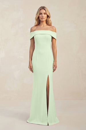 Sheath Off - the - Shoulder Satin Bridesmaid Dress With Slit in Pale Pistachio - KissProm Bridesmaid Dresses