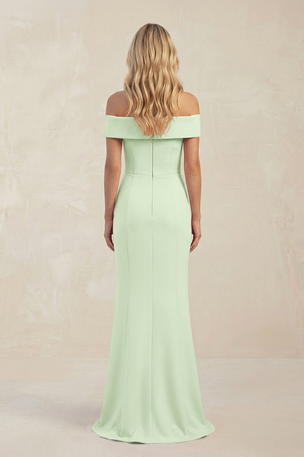 Sheath Off - the - Shoulder Satin Bridesmaid Dress With Slit in Pale Pistachio - KissProm Bridesmaid Dresses