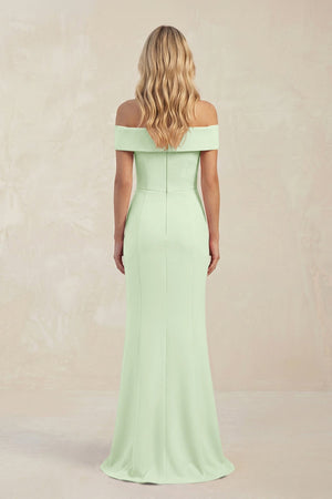Sheath Off - the - Shoulder Satin Bridesmaid Dress With Slit in Pale Pistachio - KissProm Bridesmaid Dresses