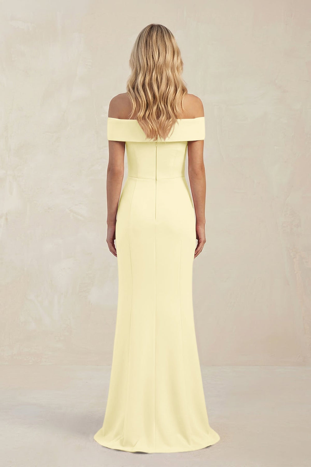 Sheath Off - the - Shoulder Satin Bridesmaid Dress With Slit in Pastel Yellow - KissProm Bridesmaid Dresses
