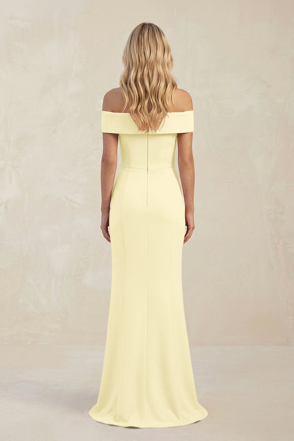 Sheath Off - the - Shoulder Satin Bridesmaid Dress With Slit in Pastel Yellow - KissProm Bridesmaid Dresses