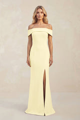 Sheath Off - the - Shoulder Satin Bridesmaid Dress With Slit in Pastel Yellow - KissProm Bridesmaid Dresses
