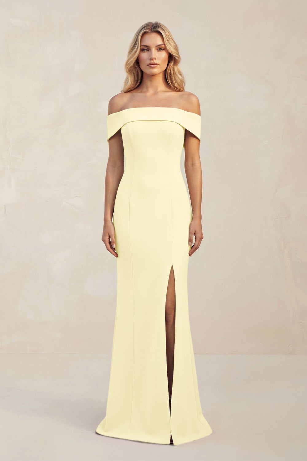 Sheath Off - the - Shoulder Satin Bridesmaid Dress With Slit in Pastel Yellow - KissProm Bridesmaid Dresses