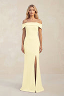 Sheath Off - the - Shoulder Satin Bridesmaid Dress With Slit in Pastel Yellow - KissProm Bridesmaid Dresses