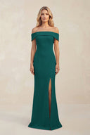 Sheath Off - the - Shoulder Satin Bridesmaid Dress With Slit in Pine - KissProm Bridesmaid Dresses
